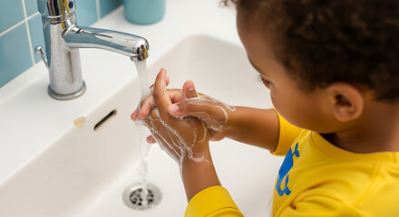 A close-up view of an adorable toddler washing hands in a clean bathroom, highlighting the importance of hygiene and daily routine with playful charm.