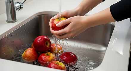 The crisp, vibrant scene captures a person carefully washing fresh, red apples in a kitchen sink, emphasizing freshness and hygiene, the running water cascading over the colorful fruit.