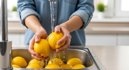 A person washes vibrant yellow lemons under a kitchen sink. A person is seen handling and cleaning fresh lemons, representing freshness and health.