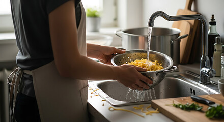 A person is washing pasta in a shiny kitchen sink. The person's actions convey the domestic scene. The lighting and detail create a photorealistic atmosphere.