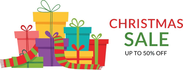 Colorful christmas sale advertisement with gifts and scarf on a light blue background