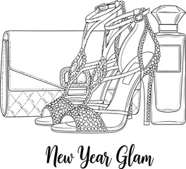 Glamorous high heels with clutch and perfume bottle for a special occasion style