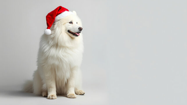 Beautiful white Samoyed dog in Santa hat sitting on grey background. Minimalist Christmas banner concept with copy space.