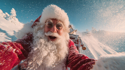 Santa Selfie on a Snowy Sleigh. New Year 2026. An energetic close-up of Santa Claus taking a selfie while riding his sleigh through a sparkling winter landscape. The flying snow