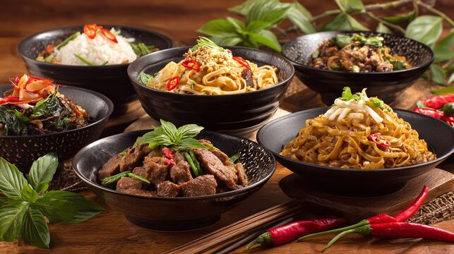 A culinary journey awaits with this delightful spread of Asian-inspired cuisine, beautifully presented in elegant bowls, ready to tantalize your taste buds.