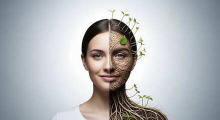 Conceptual image of a woman's face half healthy and half soil with sprouts, representing growth and nature.
