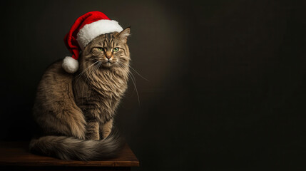 Majestic fluffy cat wearing a red Santa hat sitting in the dark. Dramatic low key Christmas portrait with copy space.