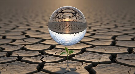 A small plant growing in a cracked desert landscape, with a water droplet reflecting the sky above.