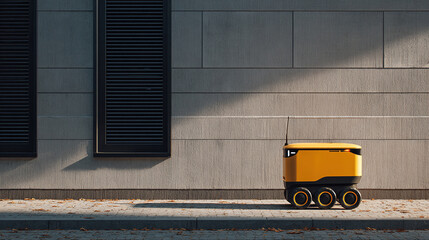 Autonomous delivery robot in urban scene, showcasing innovative technology. This yellow delivery bot rolls near a building with its six wheels on a sunny day.