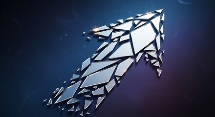 Abstract upward arrow made of shattered metal pieces on a dark background.