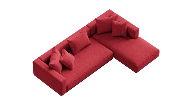 Modern red couch with pillows on a transparent background.