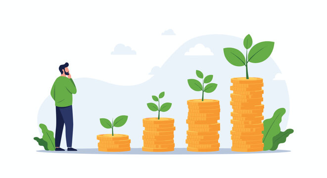 Man contemplates growing piles of coins with plants sprouting from them, symbolizing investment growth.