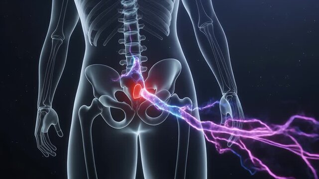 Sciatica Nerve Pain, a Detailed 3D Medical Illustration of Human Spinal Anatomy with Glowing Nerves, Depicting Compression