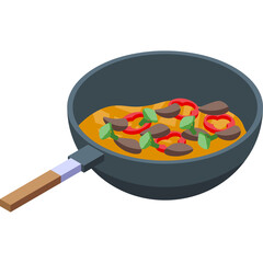Isometric Wok Stir Fry Dish With Slices Of Red Bell Pepper And Meat On A White Background Vector Illustration