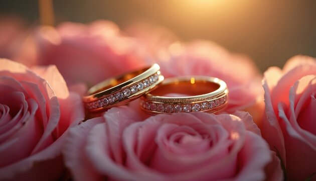 Two golden wedding bands lie on pink roses. Rings have diamonds. Symbol of love, marriage, commitment. Jewelry displayed among flowers. Love concept for anniversary. Floral engagement ring close up.