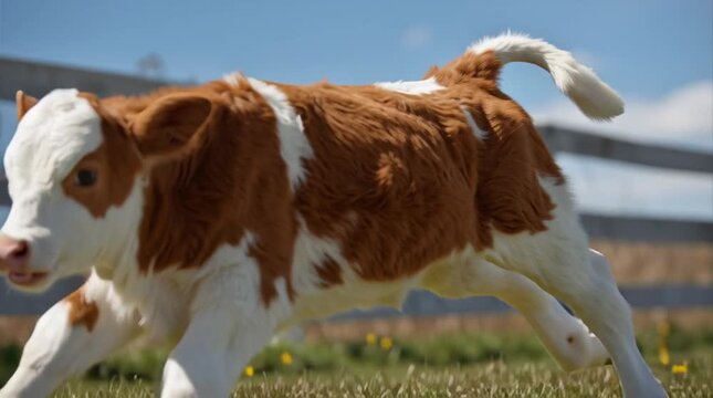 Cute brown and white calf running happily in sunny green field