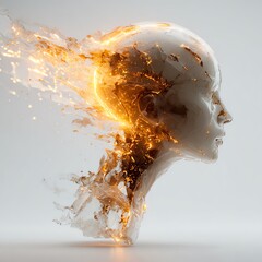 Surreal scientific visualization of a glass human head fracturing with streams of fiery digital energy and particles escaping into the air