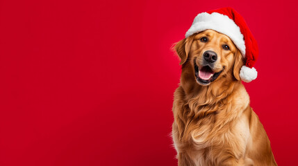 Happy Golden Retriever dog in Santa hat. Christmas banner concept on split red and white background with copy space.
