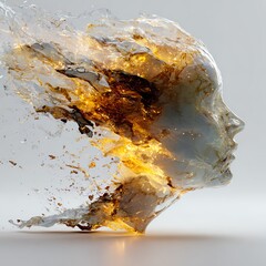 Surreal scientific visualization of a glass human head fracturing with streams of fiery digital energy and particles escaping into the air