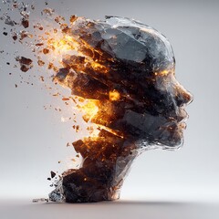 Abstract glass human head shattering outward with fiery glowing energy and sparks