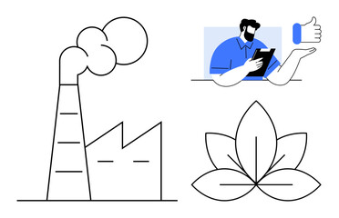 Factory with smoke, green leaf, and person with a tablet and thumbs-up. Ideal for industry, ecology, balance, innovation, feedback technology sustainability. Simple flat metaphor