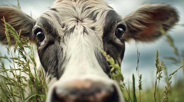Close up of a black and white cow face in tall green grass