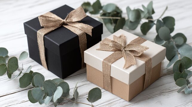 Elegant gift boxes with rustic bows and delicate greenery create a touch of sophistication and warmth, perfect for special occasions and heartfelt gestures.