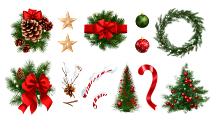 Christmas holiday elements set with fir branches red ribbon bows pine cones watercolor ornaments and winter frame, white isolated  background or cutout transparent png