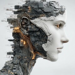 Digital human face made of layered circuit board patterns with microchips and neural networks glowing inside