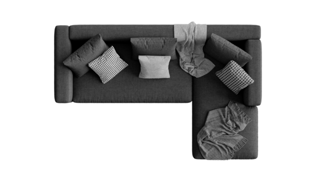 Modern black sofa with pillows on an isolated background. Furniture for the interior collages and presentations.