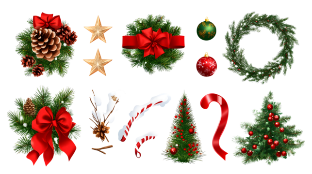 Christmas holiday elements set with fir branches red ribbon bows pine cones watercolor ornaments and winter frame, white isolated  background or cutout transparent png