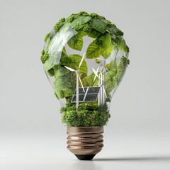 Green glowing light bulb filled with leaves