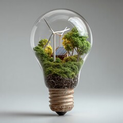 Green glowing light bulb filled with leaves