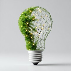 Modern minimal design light bulb made of interconnected green low-poly lines and nodes