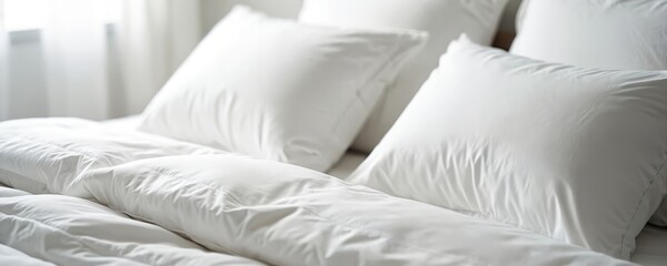 Clean white bedding set with soft pillows, cozy duvet on freshly made bed. Bright bedroom interior features pure fresh sheets, creating calm, comfortable space for good rest. Peaceful, inviting sleep