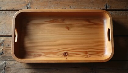 Empty rectangular wooden tray with handles rests on aged wooden planks. The rustic wood grain shows texture and natural patterns. Offers ample blank space for food or decor.