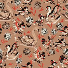 Retro style seamless pattern with whooper swans, coal tits and Alyssum flowers on a warm background. Great for fabric, wallpaper, apparel and printing