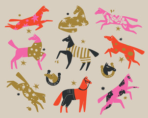 Set of colorful horses in modern folk art style. Playful and colorful New year symbol