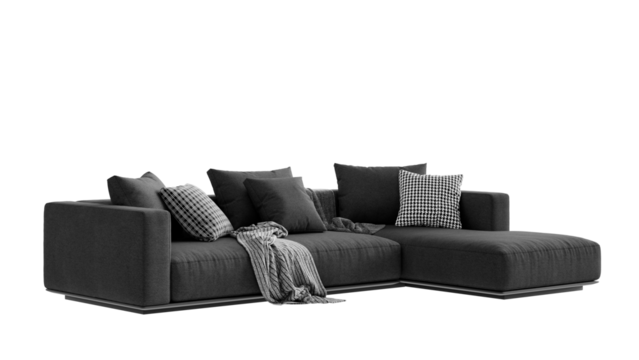 Black sofa with pillows on a transparent background. Furniture for the modern interior, web design, and presentation.
