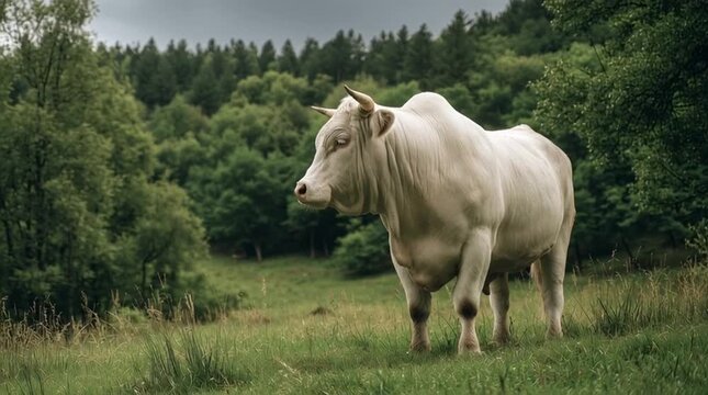 White charolais cow standing in a lush green pasture with forest