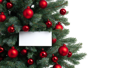 Christmas tree with red ornaments on a white background, close up, with a banner and copy space area.