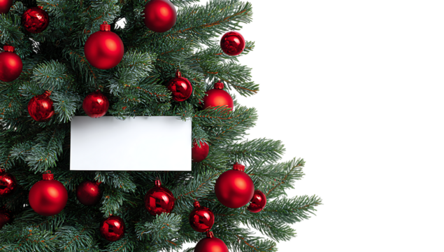 Christmas tree with red ornaments on a white background, close up, with a banner and copy space area. - Powered by Adobe