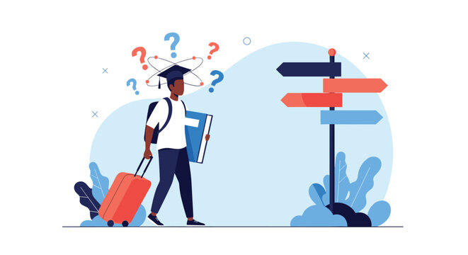 Student faces a crossroads of academic and career choices with question marks surrounding them.