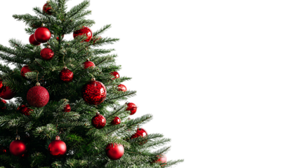 Christmas tree with red ornaments on a white background, close up, with a banner and copy space area.