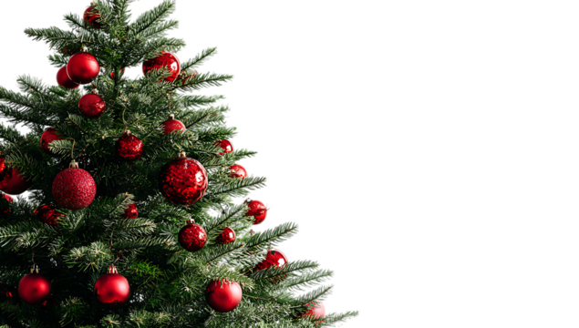 Christmas tree with red ornaments on a white background, close up, with a banner and copy space area.