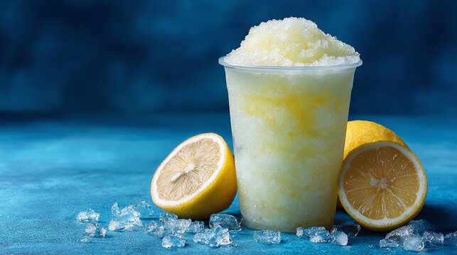 A refreshing lemon slush in a clear cup with lemon halves and ice chunks scattered around it. The background is a gradient of dark to light blue, creating a cool atmosphere.