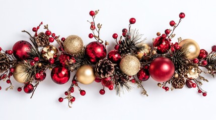 A festive arrangement of gold and red ornaments intertwined with pinecones and berry sprigs on a white surface evokes holiday cheer and seasonal elegance. Festive background.