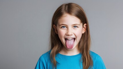 A playful child with striking blue eyes joyfully sticks out her tongue. Her cheerful expression adds to the lighthearted and youthful vibe of the studio shot portrait.
