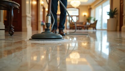 Worker uses floor cleaning tool in hall. Man cleans marble floor with professional equipment. Person works at luxury hotel interior cleaning service in elegant space. Janitorial worker polishes floor.