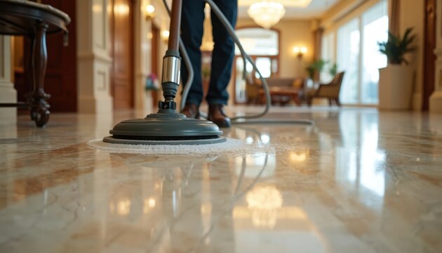 Worker uses floor cleaning tool in hall. Man cleans marble floor with professional equipment. Person works at luxury hotel interior cleaning service in elegant space. Janitorial worker polishes floor.